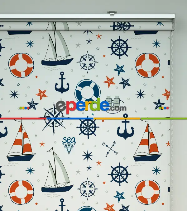 Bebek Odası Stor Perde - Denizci Desenli Baskılı Stor Perde- Lacivert-Kırmızı-Ekru