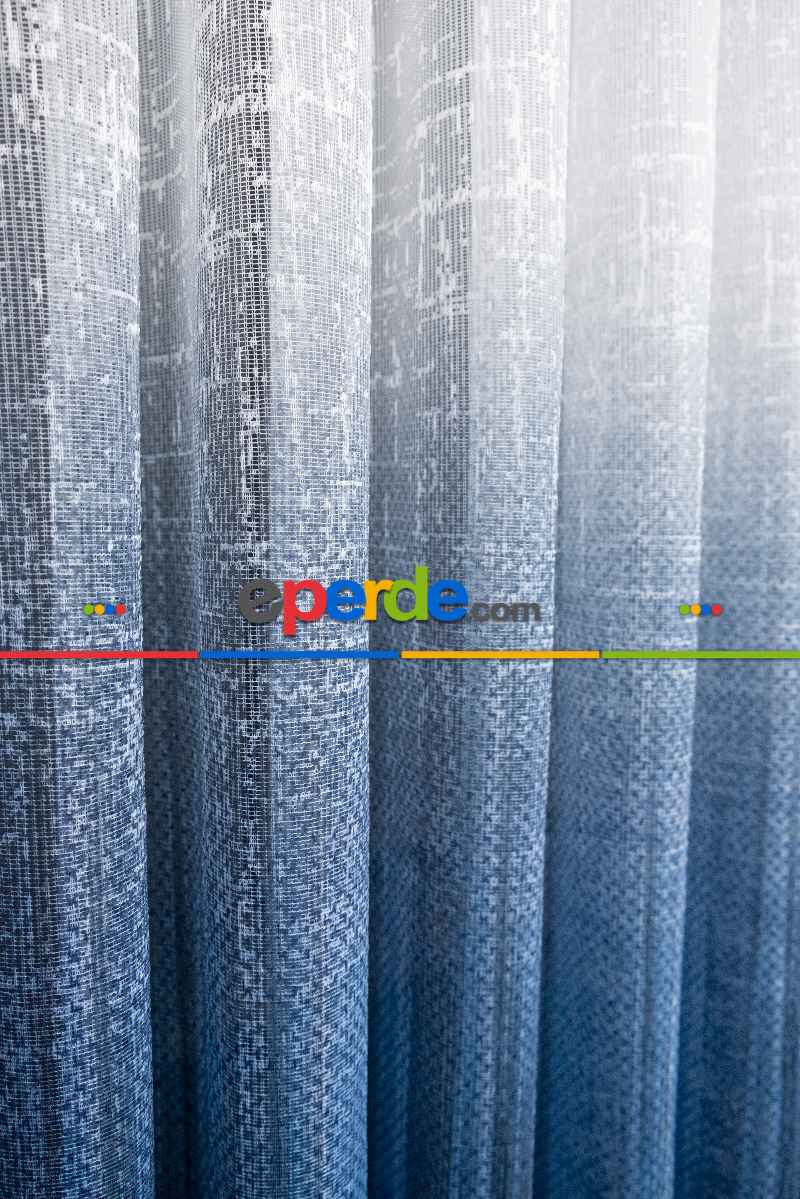 Salon Tül Modelleri - Modern Mavi Desenli Degrade Geçişli Tül - Örme Dantel Tül