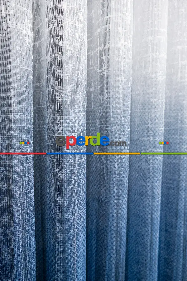 Salon Tül Modelleri - Modern Mavi Desenli Degrade Geçişli Tül - Örme Dantel Tül