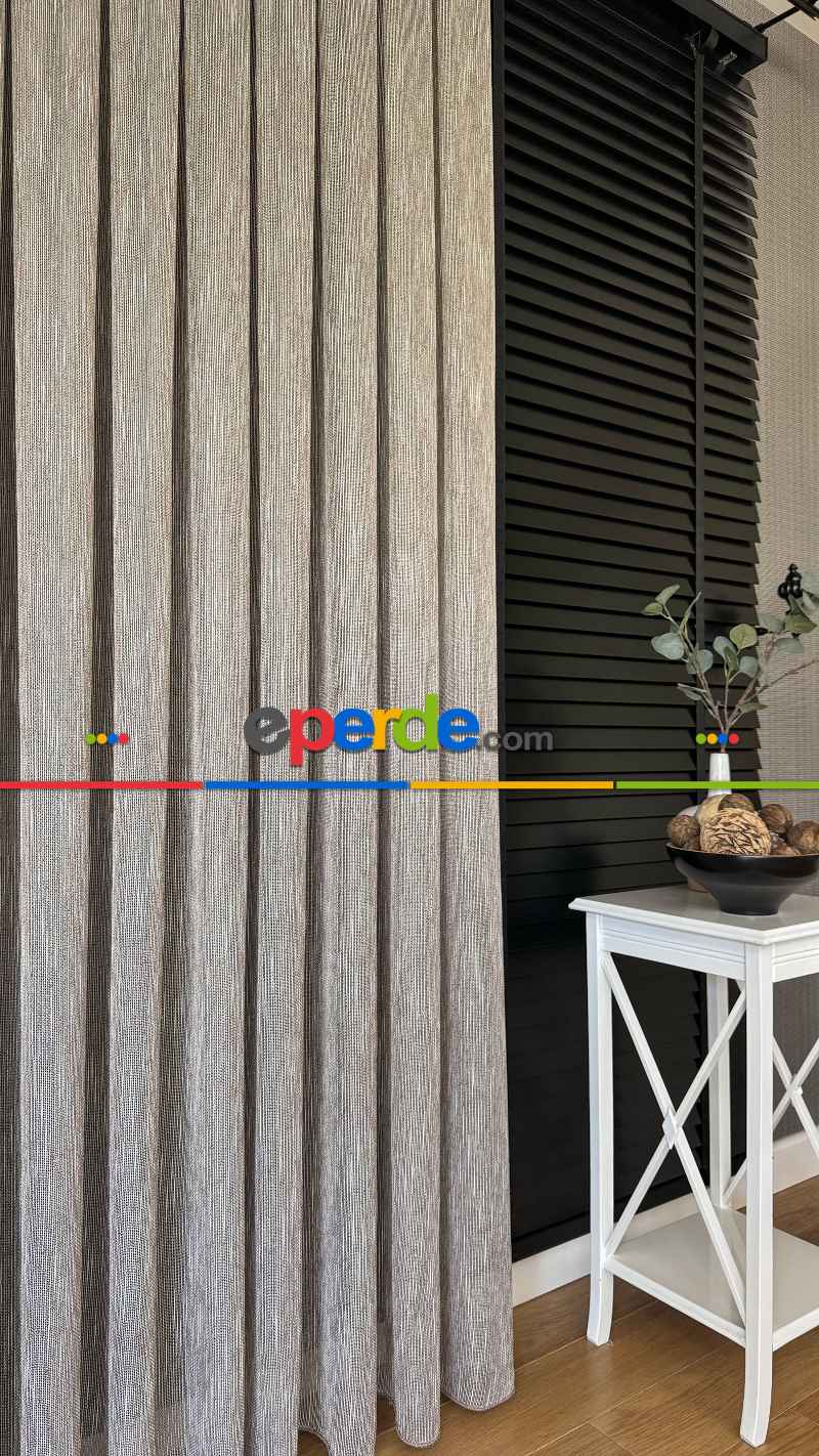 Kahverengi Keten Gümüş Simli Tül Perde - Ağır Gramajlı Premium