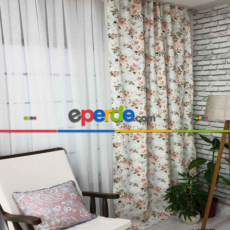 Çiçek Desenli Fon Perde Evm444 - Kumaşı Kalındır Duck Bezi Değildir.- Yeşil-Pembe