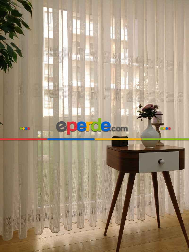 Mutfak - Bantlı Keten Doğal Tül Perde- Krem