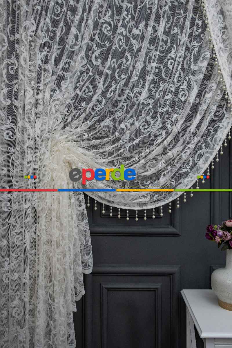 Beyaz Tül Perde - Sarmaşık Şal Desenli Tül - Kruvaze Model Yanki Tül Perde - Düz Model Seçeneği Var - Örme Tül