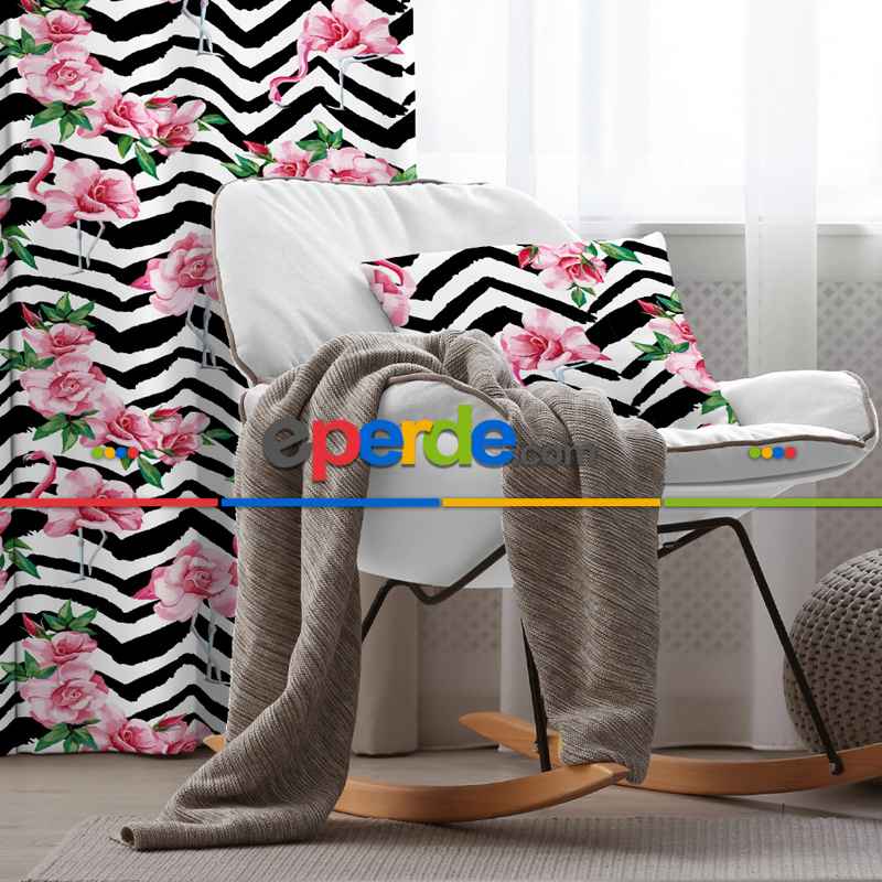 Flamingo Desenli Fon Perde Evim1567 Kumaşı Kalındır Duck Bezi Değildir- Mavi-beyaz