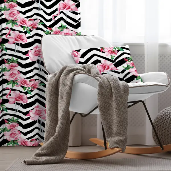 Flamingo Desenli Fon Perde Evim1567 Kumaşı Kalındır Duck Bezi Değildir- Mavi-beyaz