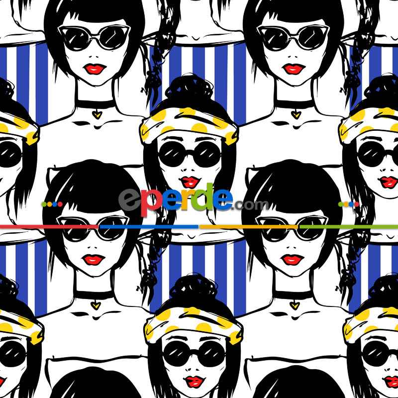 Popart Desenli Fon Perde Evm816 Kumaşı Kalındır Duck Bezi Değildir- Siyah-Mavi-Beyaz