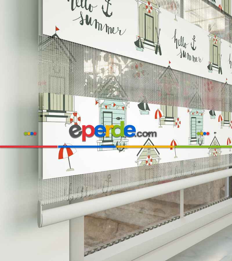 Bekçi Klübesi Baskılı Zebra Perde- Kırmızı-beyaz-turkuaz-turkuaz