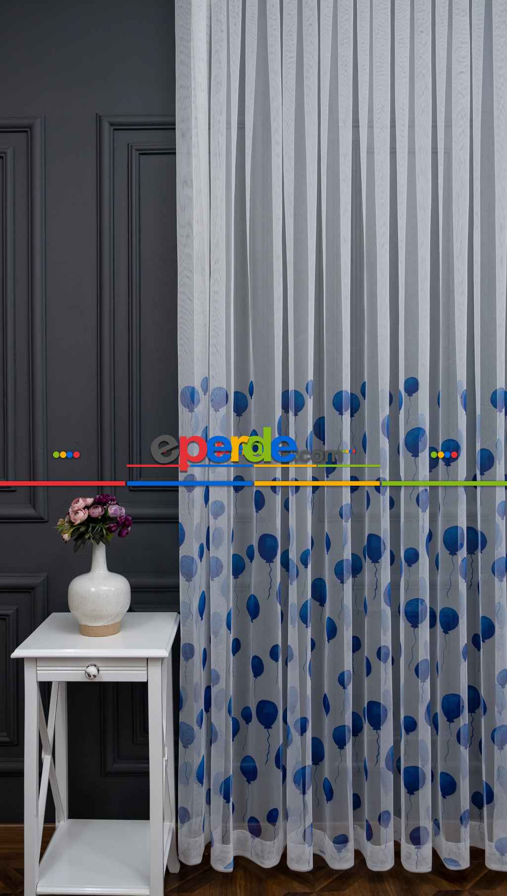 Hazır Ölçülü Petek Zemin Koyu Mavi Renkli Balonlar Desenli Grek Baskılı Tül Perde