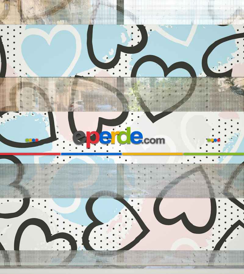 Bebek Odası Zebra -  Kalp Desenli Baskılı Zebra Perde- Çok Renkli