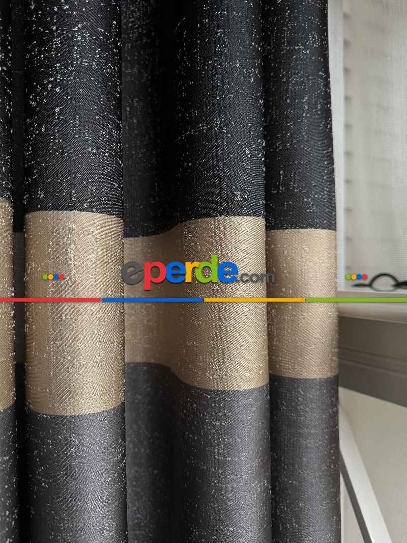 Oturma Odası - Koyu Antrasit Gri Krem Jakar Dokuma Fon Perde, Parlak Zemin