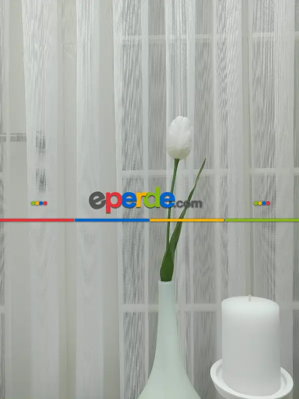 Oturma Odası - Ekru Sık Dokulu Çizgili Modern Düz Tül Perde Ütü İstemez