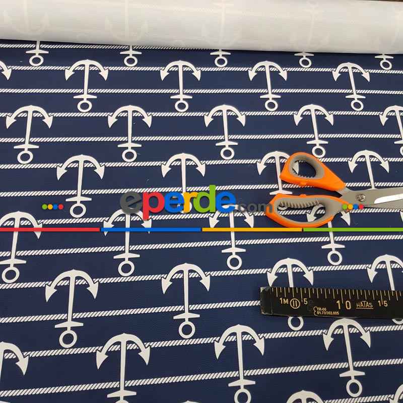 Çapa Marine Desenli Fon Perde Evm655 Kumaşı Kalındır Duck Bezi Değildir- Lacivert-Beyaz