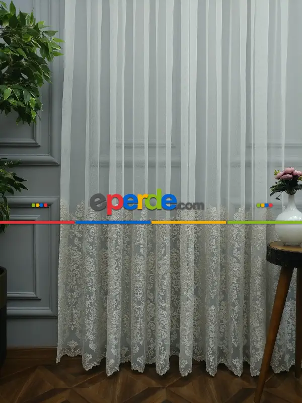 Salon Tül Perde - Eteği Duble Nakış İşlemeli Tül Perde Ikon 2021- Krem