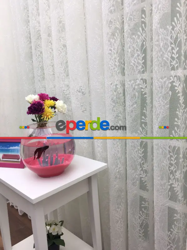 Spor Sarmaşık Desenli Tül Perde - Kruvaze Model Dikiş Seçenekli - Örme Tüldür - Ütü İstemez