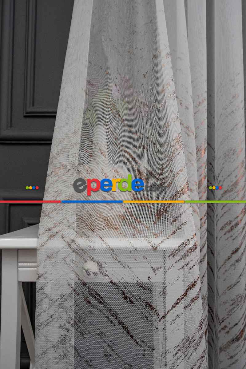 Yatak Odası - Modern Bronz Varaklı Keten Tül Perde Yüksek Kalite