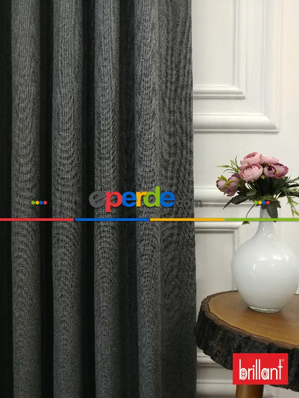 Yatak Odası - Brillant Keten Gri Renk Düz Fon Perde - Gri-füme-antrasit
