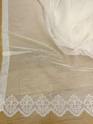 Etek Ucu Desenli Dantel Tül Perde- Ekru