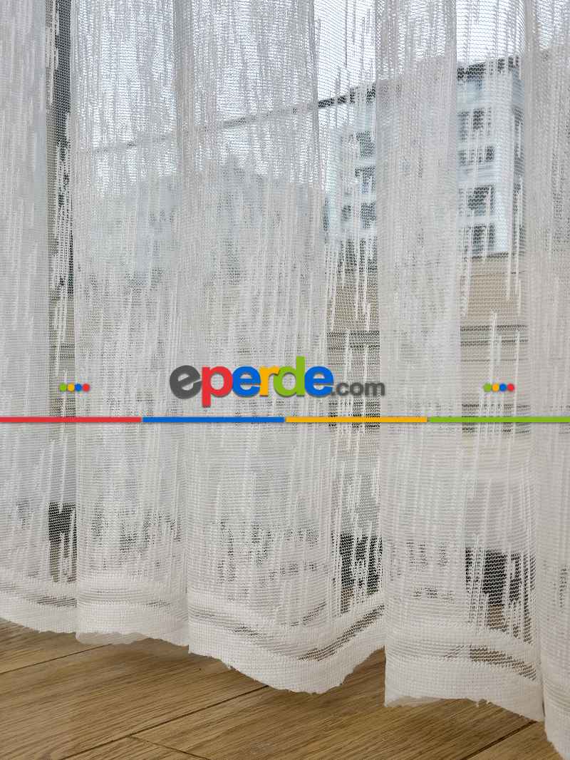 Ekru Çizgili Desenli Fransız Dantel Örme Tül Perde, Ütü İstemeyen Tül