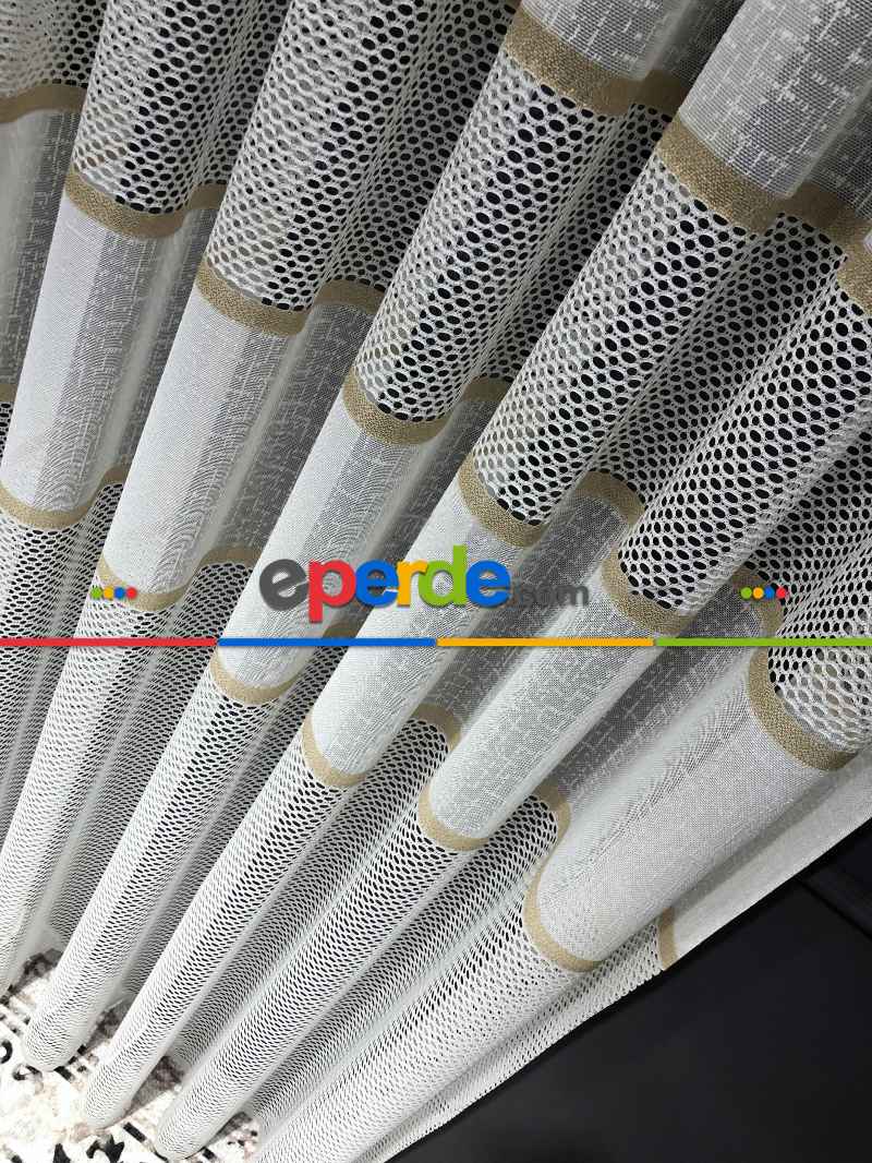 Altın Çizgili Tül Perde - Spor Desenli - Tül Perde - Örme Tül Perde - Ütü İstemeyen