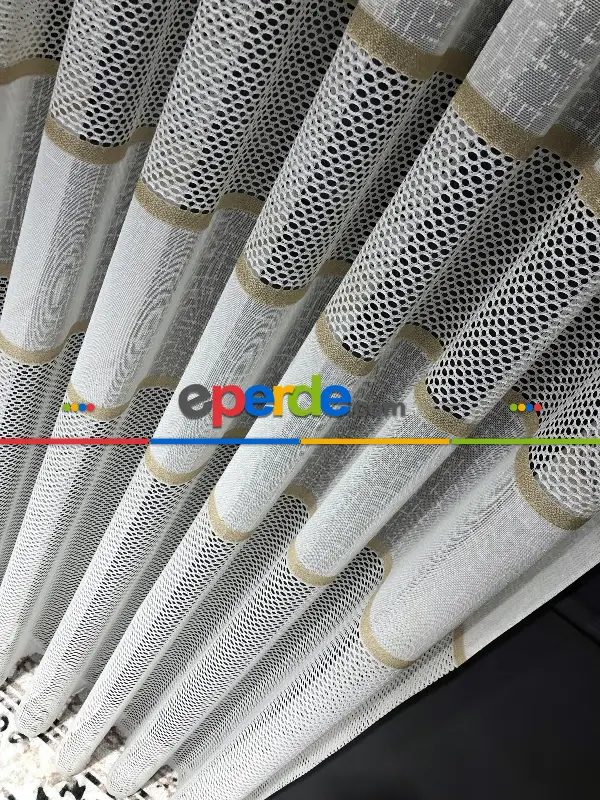 Salon - Aplik, Jakar, Eteği Bordürlü, Tül Perde - Ekru/gold