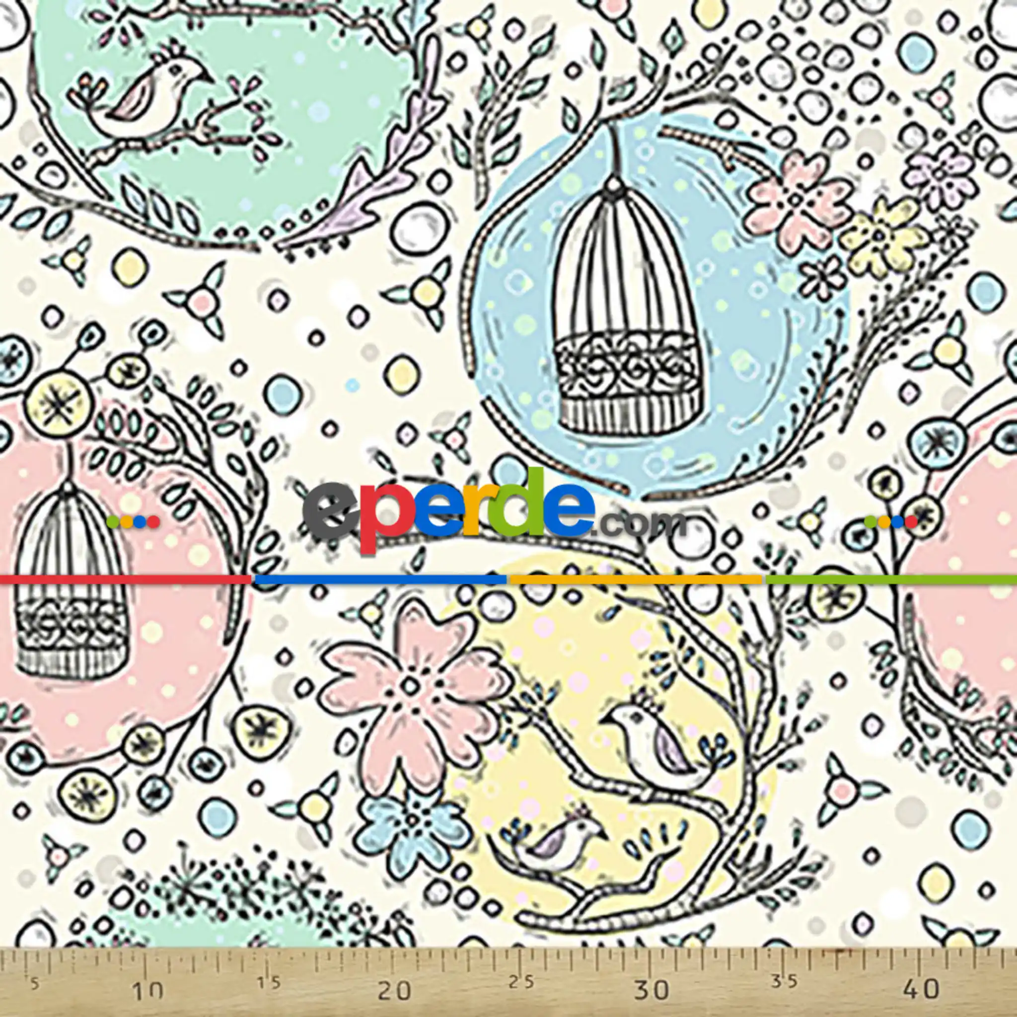 Kuş Ve Kafes Desenli Fon Perde Evm691 Kumaşı Kalındır Duck Bezi Değildir- Beyaz-Pembe Açık