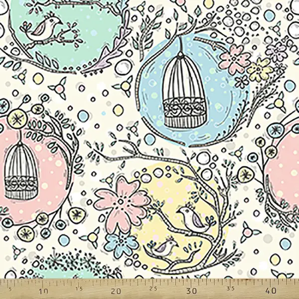 Kuş Ve Kafes Desenli Fon Perde Evm691 Kumaşı Kalındır Duck Bezi Değildir- Beyaz-Pembe Açık
