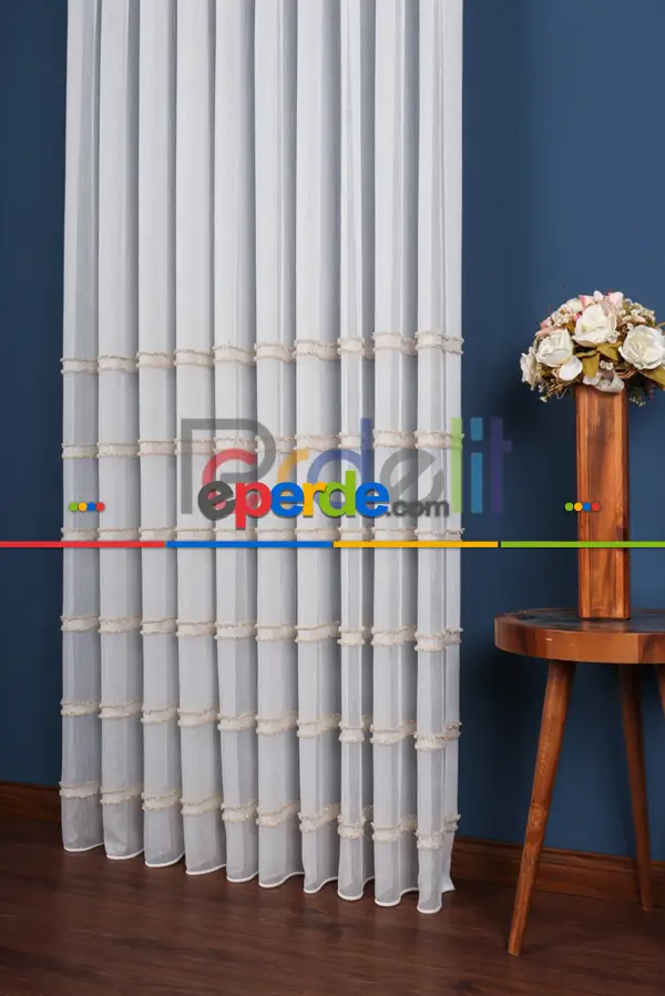 Enine Bantlı Ekru-krem Püskül Detaylı Bambu Zemin Tül Perde