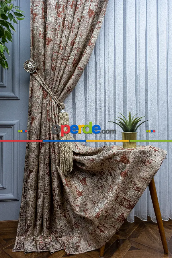Patine Desenli Valencia Jakar Dokuma Fon Perde- Bej-kiremit Rengi