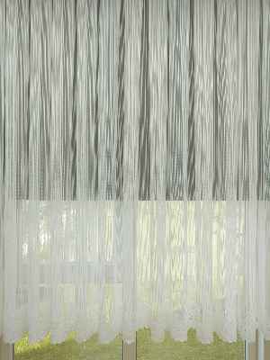 Kısa Boylu Boyuna Çizgili Etek Ucu Desenli Tül Perde - Petek Üstü Boy- Ekru