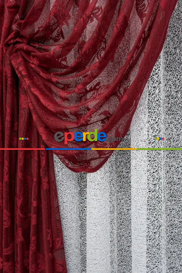 Tül Fon Koyu Renk Bordo Büzgülü Tasarım Fon Perde- Bordo 70cm X 275cm 