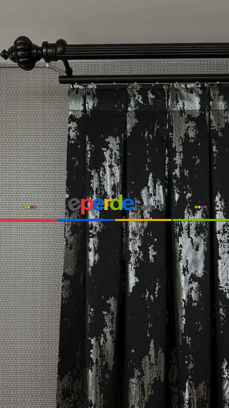 Qashe Marka Siyah Gümüş Fon Perde, Patine Desenli Jakar Dokuma Fon Perde - Ağır Gramajlı Premium Seri