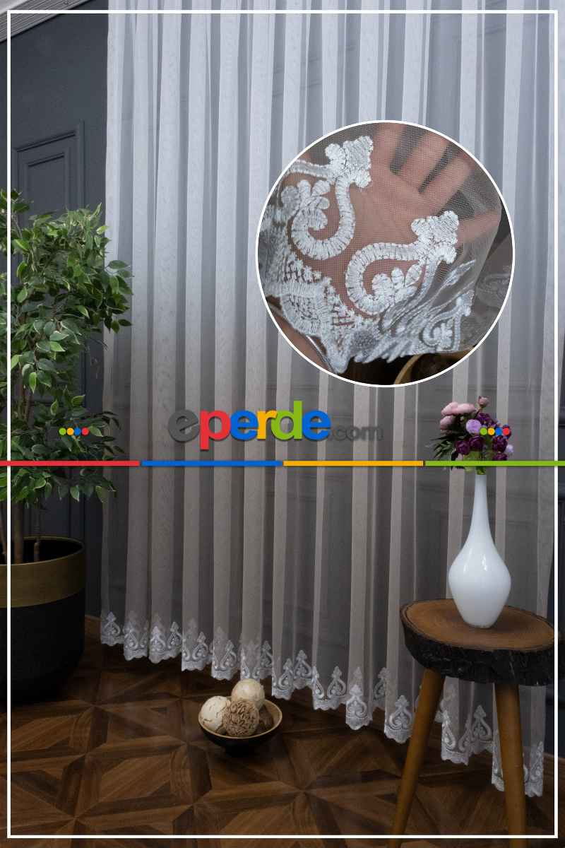 Vizon Kahverengi Degrade Renk Geçişli Etek Ucu Nakışlı Tül Perde