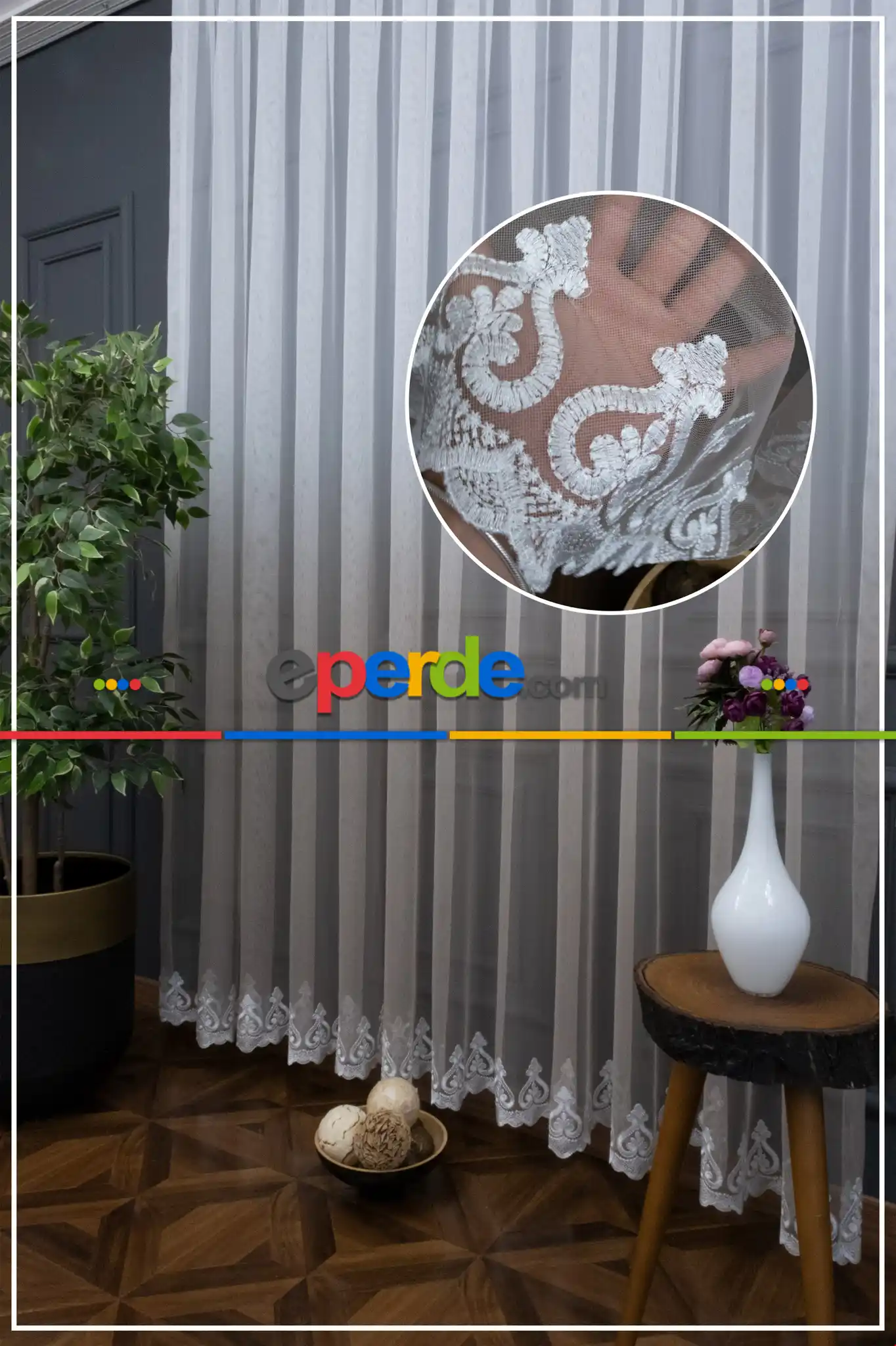 Salon Etek Nakışlı Vizon Renk Geçişli Tül Perde- Vizon Rengi