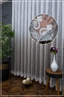 Oturma Odası - Bej Açık Kahverengi Vizon Beyaz Renk Etek Nakışlı Degrade Geçişli Tül Perde- Vizon Rengi