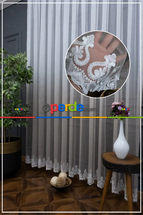 Salon Etek Nakışlı Vizon Renk Geçişli Tül Perde- Vizon Rengi