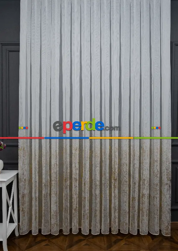 Salon Tül - Modern Altın Varaklı Keten Tül Perde Yüksek Kalite