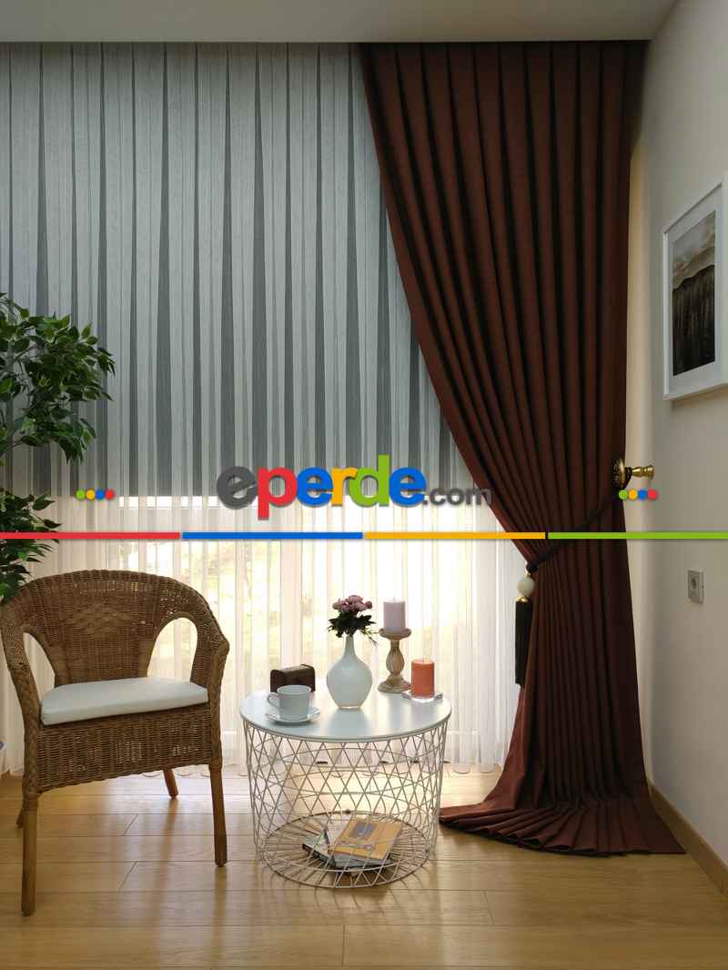 Keten Kahve Renk Düz Fon Perde- Kahve