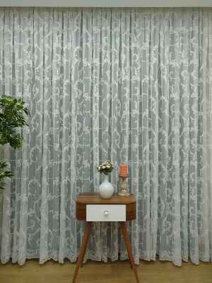 Salon İçin - Şal Desenli Özel Örme Dokulu Tül Perde - Ekru Renk - Kruvaze Model Dikiş Seçenekli - Ütü İstemez