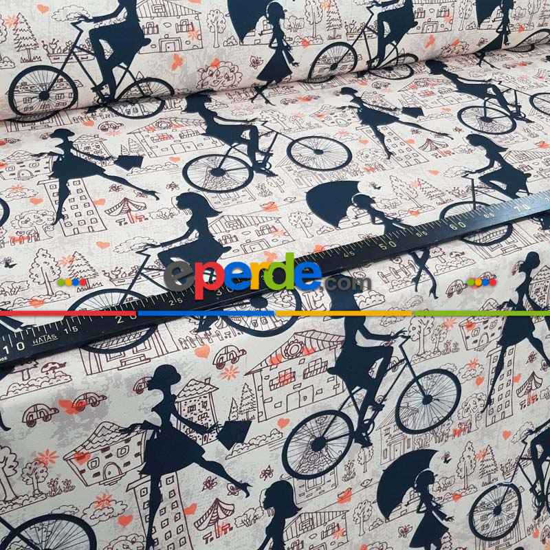 Şemsiyeli Kız Desenli Fon Perde Evm827 Kumaşı Kalındır Duck Bezi Değildir- Siyah-Beyaz