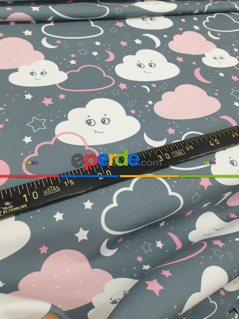 Bebek Odası Fon - Bulut Desenli Fon Perde Evm683-4 Kumaşı Kalındır Duck Bezi Değildir- Beyaz
