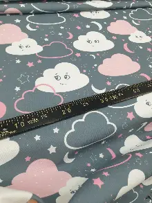 Bebek Odası Fon - Bulut Desenli Fon Perde Evm683-4 Kumaşı Kalındır Duck Bezi Değildir- Beyaz