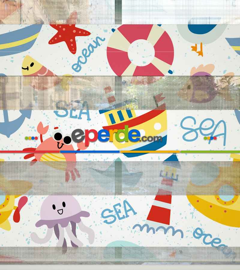 Deniz Temalı Baskılı Zebra Perde- Çok Renkli