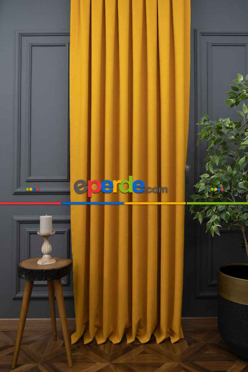 Salon - Sarı Rengi Düz Fon Perde Dökümlü Fon Perde