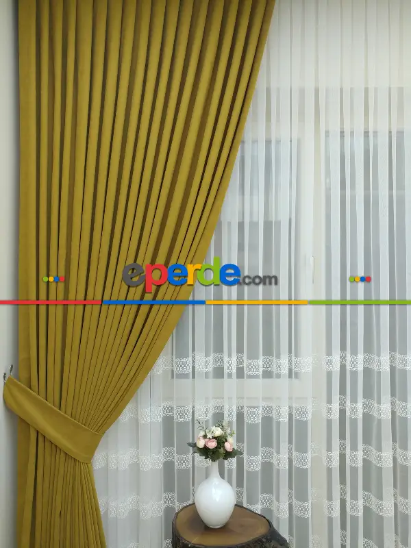 Saon Perdesi - Hardal Rengi Düz Fon Perde Dökümlü Birinci Kalite 300 Cm Geniş En Daha Hesaplı- Hardal