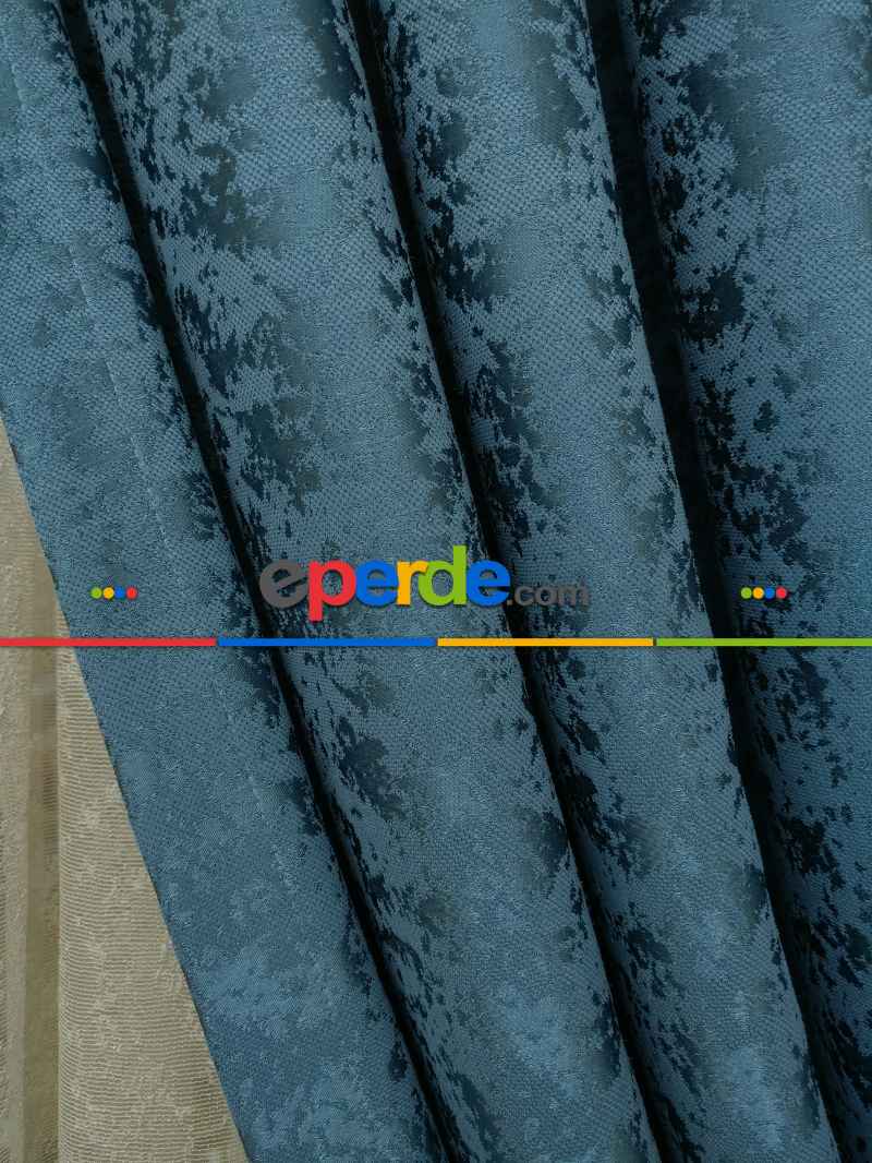 İndiğo Rengi Kendinden Desenli Jakar Fon Perde (285 En)- Mavi Koyu