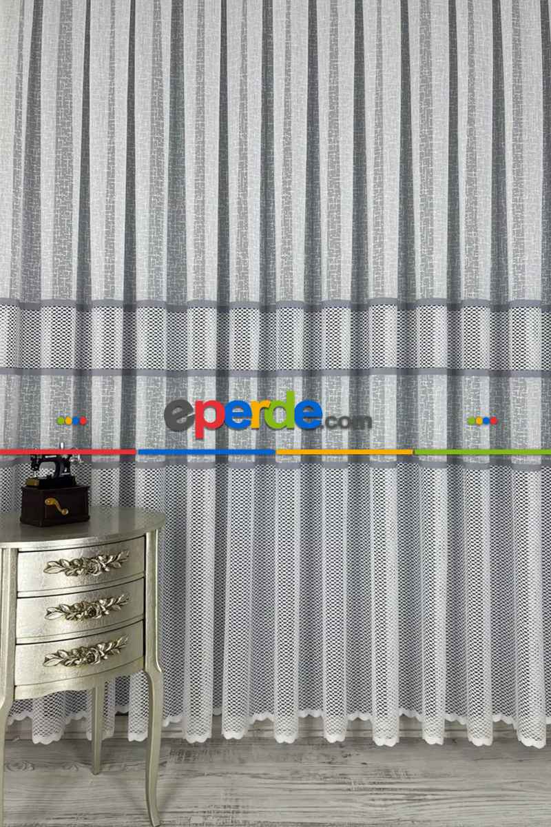 Salon - Aplik Jakar Eteği Bordürlü Tül Perde Tek Kanat - Ekru/gri