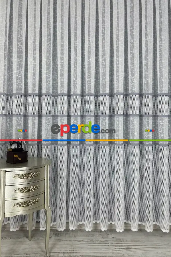 Salon - Aplik Jakar Eteği Bordürlü Tül Perde Tek Kanat - Ekru/gri