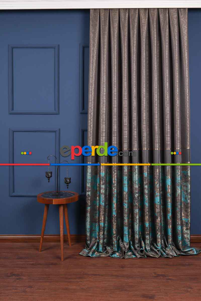 Yatak Odası Fon Perde - Simay Gri-turkuaz-gold Pano Fon Perde