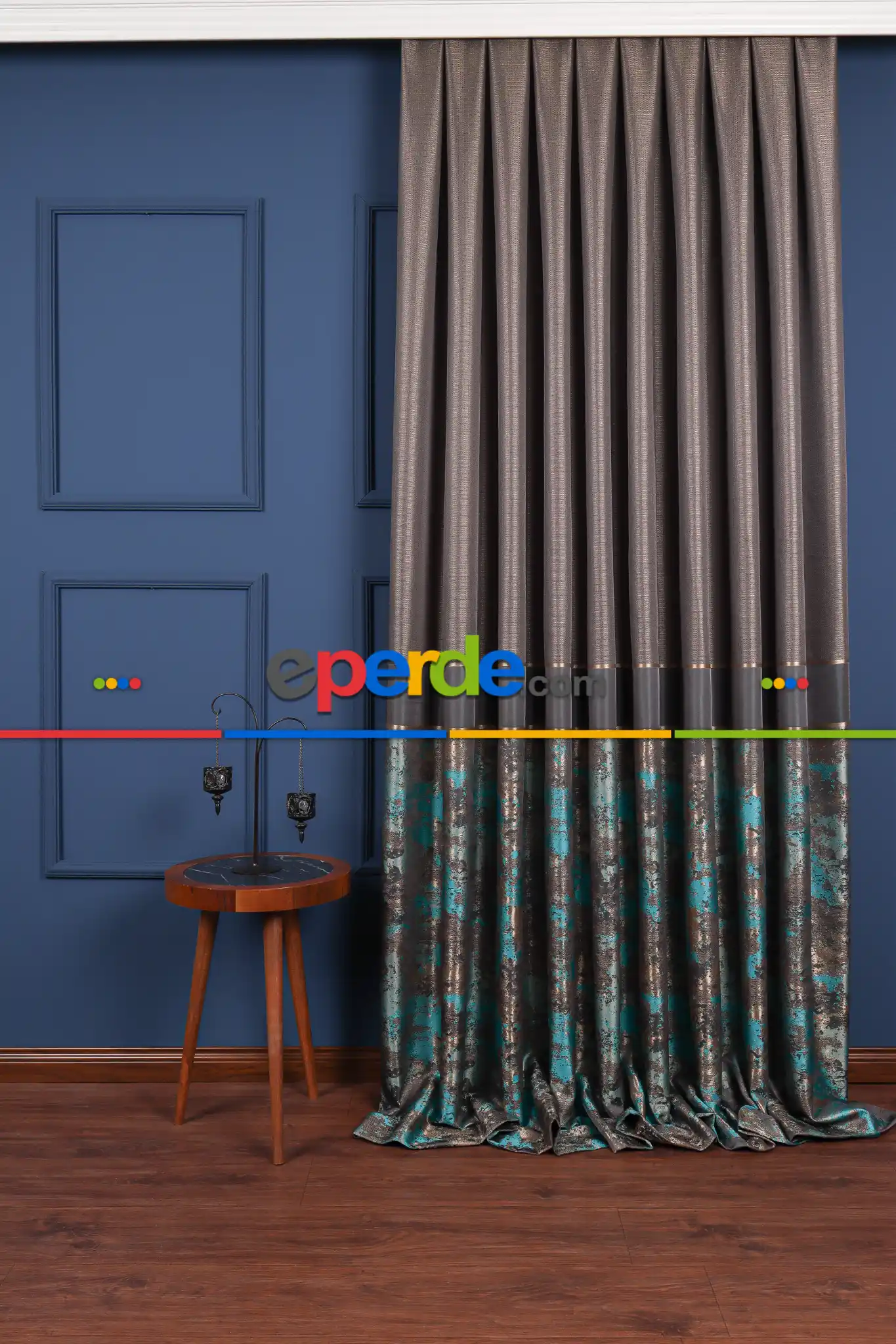 Salon Fon Perde - Simay Gri-turkuaz-gold Pano Fon Perde