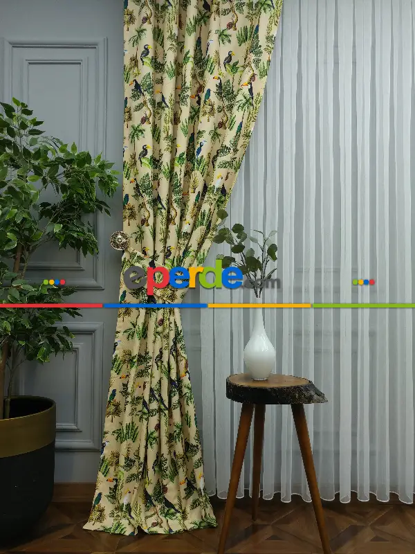 Tropikal Desenli Fon Perde Evm739 Kumaşı Kalındır Duck Bezi Değildir- Mavi-Kahverengi-Sarı-Beyaz-Krem-Açık Yeşil